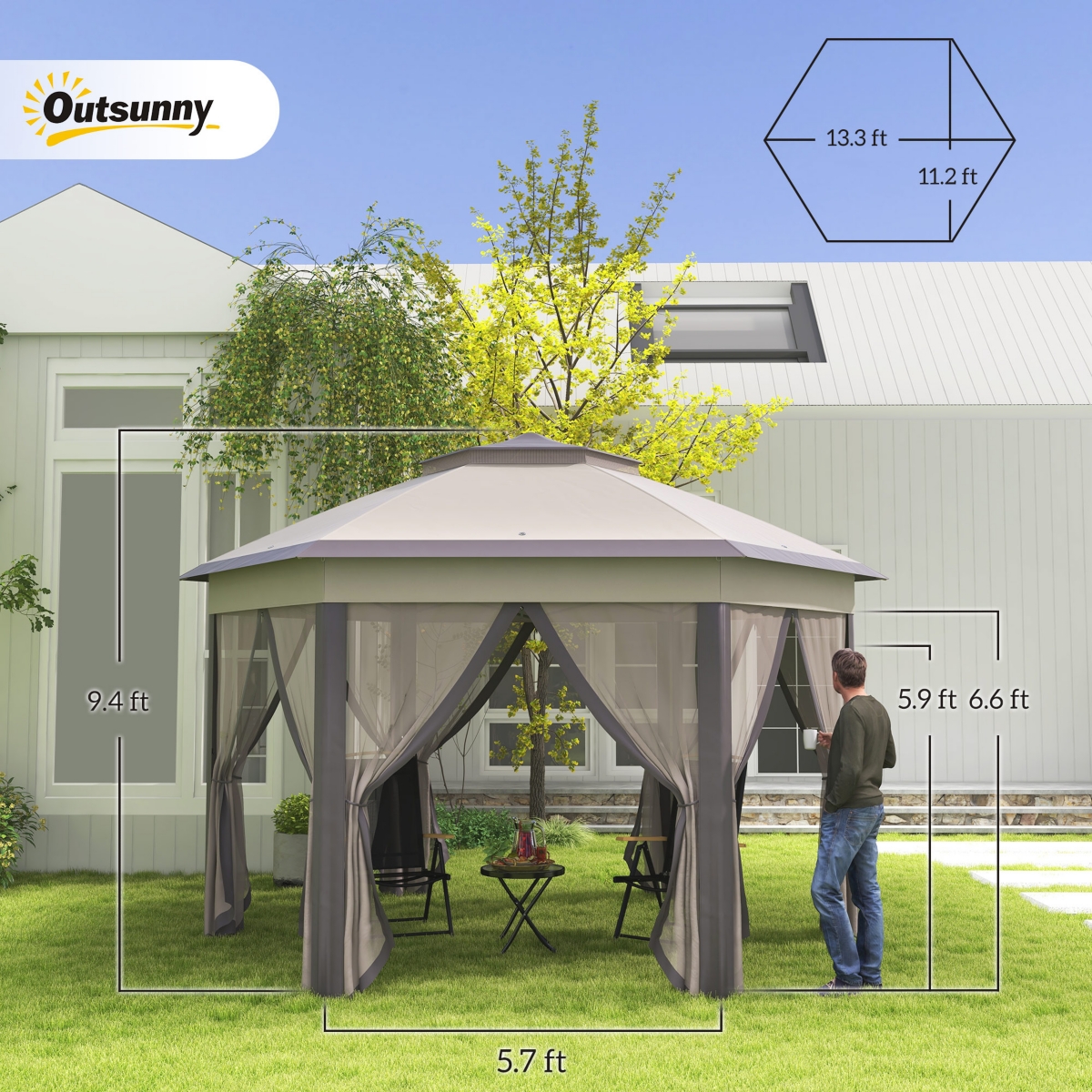 13' x 13' Pop Up Gazebo with 6 Zippe Mesh Netting, - Coffee, beige