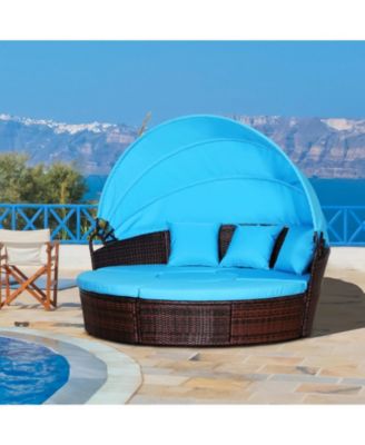 Rat Daybed Patio Furniture Set w/ Adjustable Canopy,