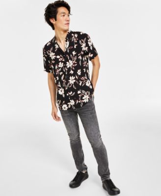 Mens Floral Ikat Short Sleeve Shirt Slim Fit Jeans