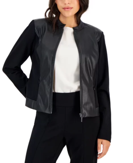 AK Anne Klein Petite Mandarin-Collar Zip-Up Jacket - Anne Black