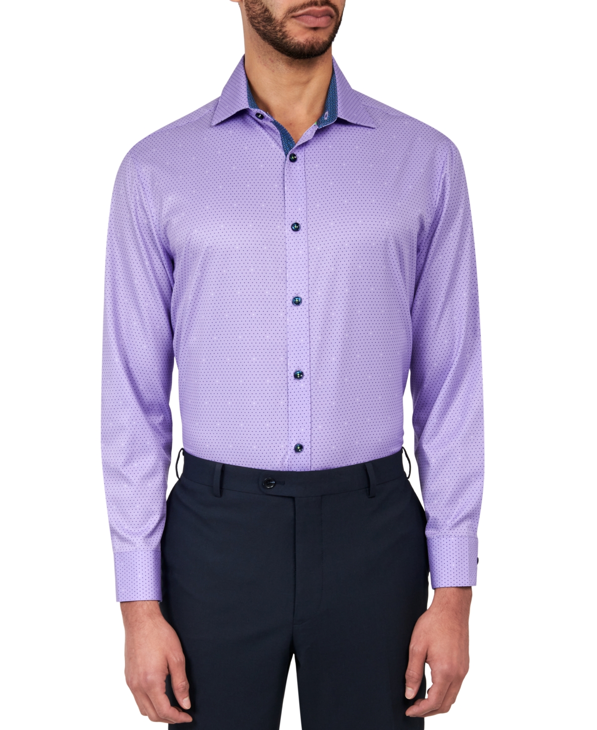 Men's Regular-Fit Non-Iron Dot Print Performance Stretch Dress Shirt - Lilac