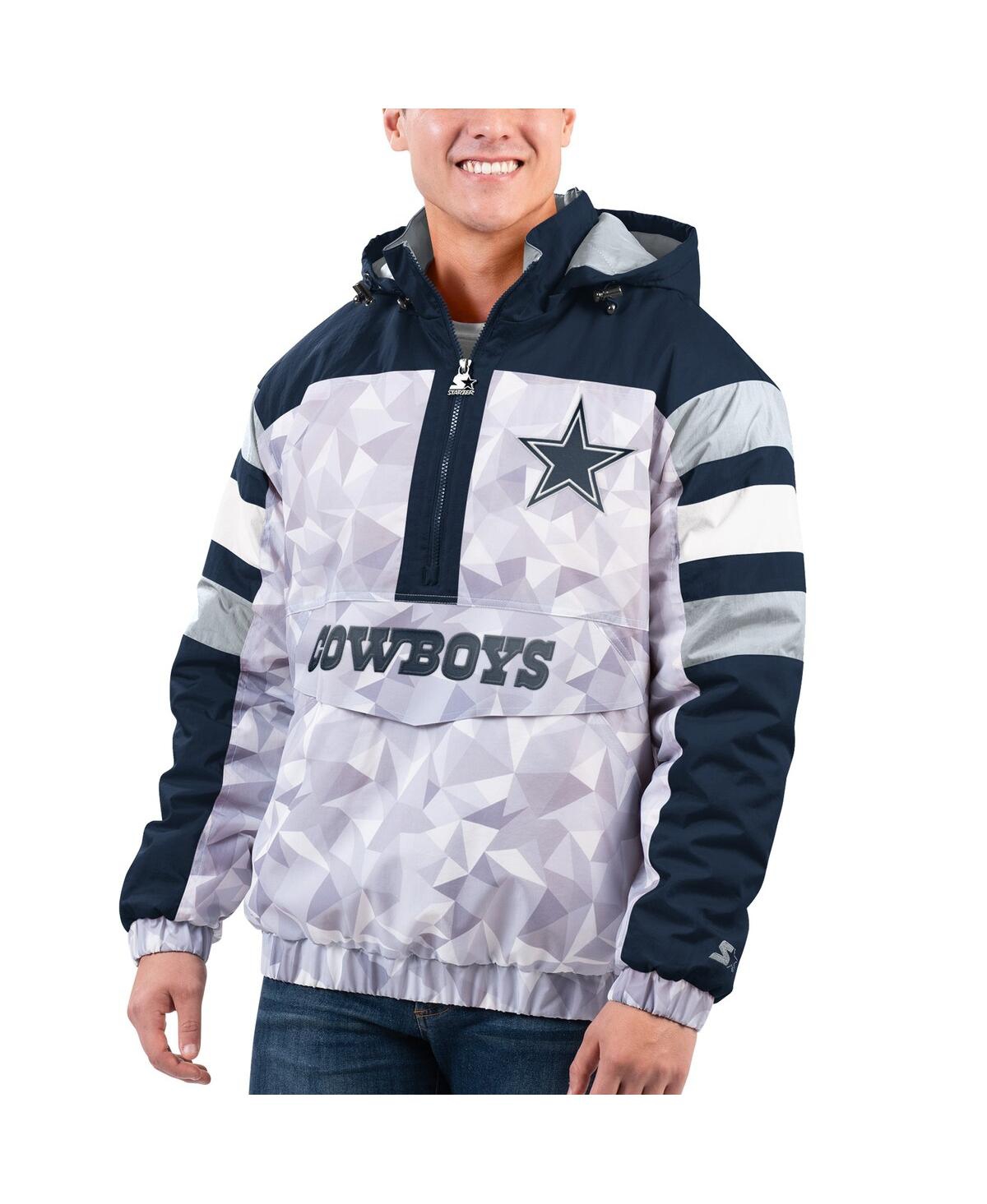 Starter Men's  White, Navy Dallas Cowboys Thursday Night Gridiron Raglan Half-zip Hooded Jacket In White,navy
