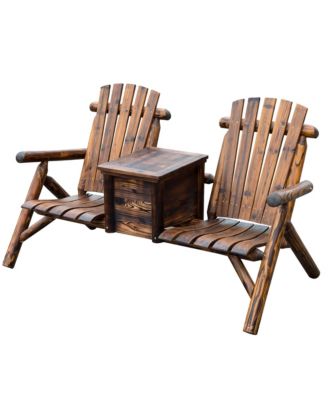 Double Adirondack Chair Loveseat w/ Table & Ice Bucket, Varnished Wood