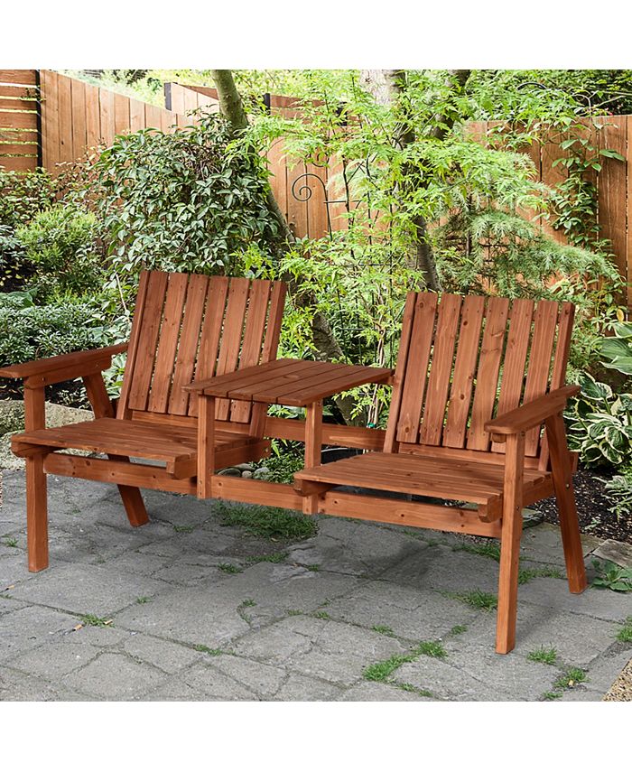 Outsunny Wooden Garden Bench with Umbrella Hole & Middle Table, Outdoor ...