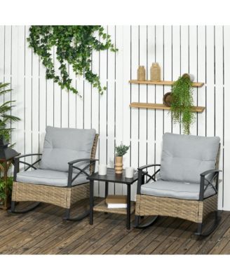 3pc Rocking Chair Set w/ Cushions, Wicker Bistro Set, Light
