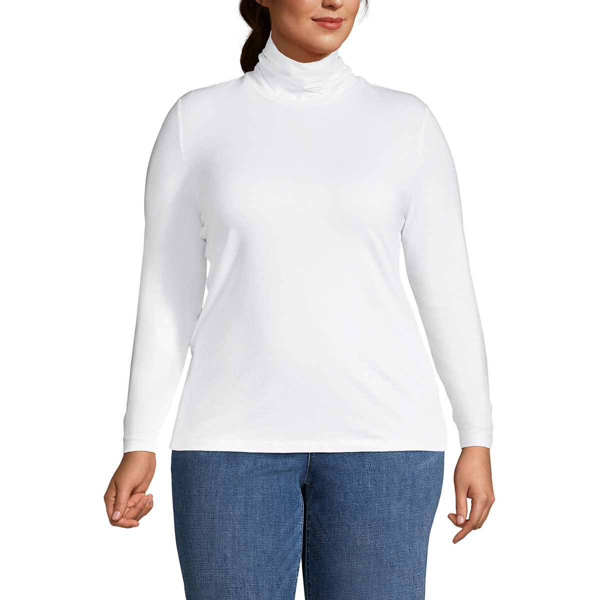 Plus Size Lightweight Fitted Long Sleeve Turtleneck Tee - White