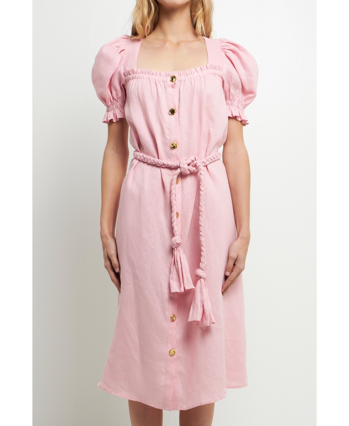 Women's Linen Dress with Tie - Pink
