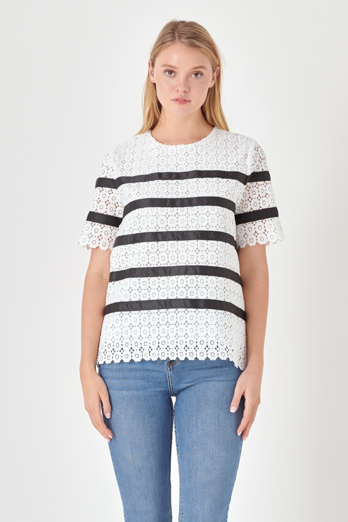 English Factory Women's Leopard Lace Inserted Top In White/black