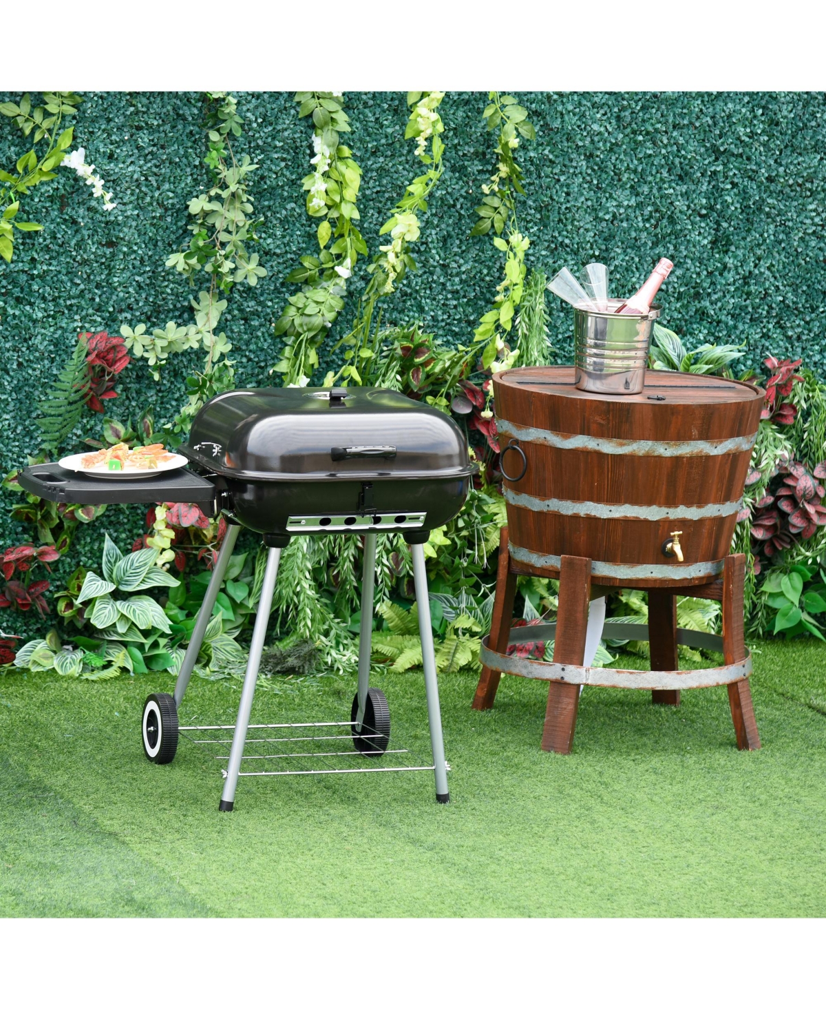 Outsunny 38'' Steel Charcoal Grill with Portable Wheel, Side Tray and Lower Shelf for Outdoor Bbq for Garden, Backyard, Poolside