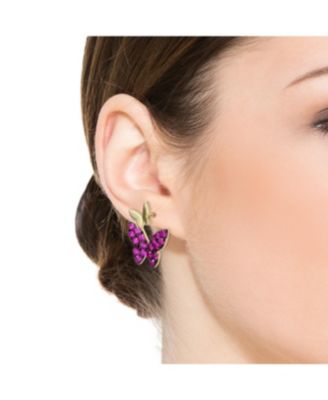 Sterling Silver 14k Yellow Gold Plated with Red Cubic Zirconia Double Butterfly Drop Earrings