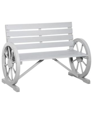 Wooden Wagon Wheel Bench, Rustic Outdoor Patio Furniture, 2-Person Seat Bench with Backrest, Light Grey