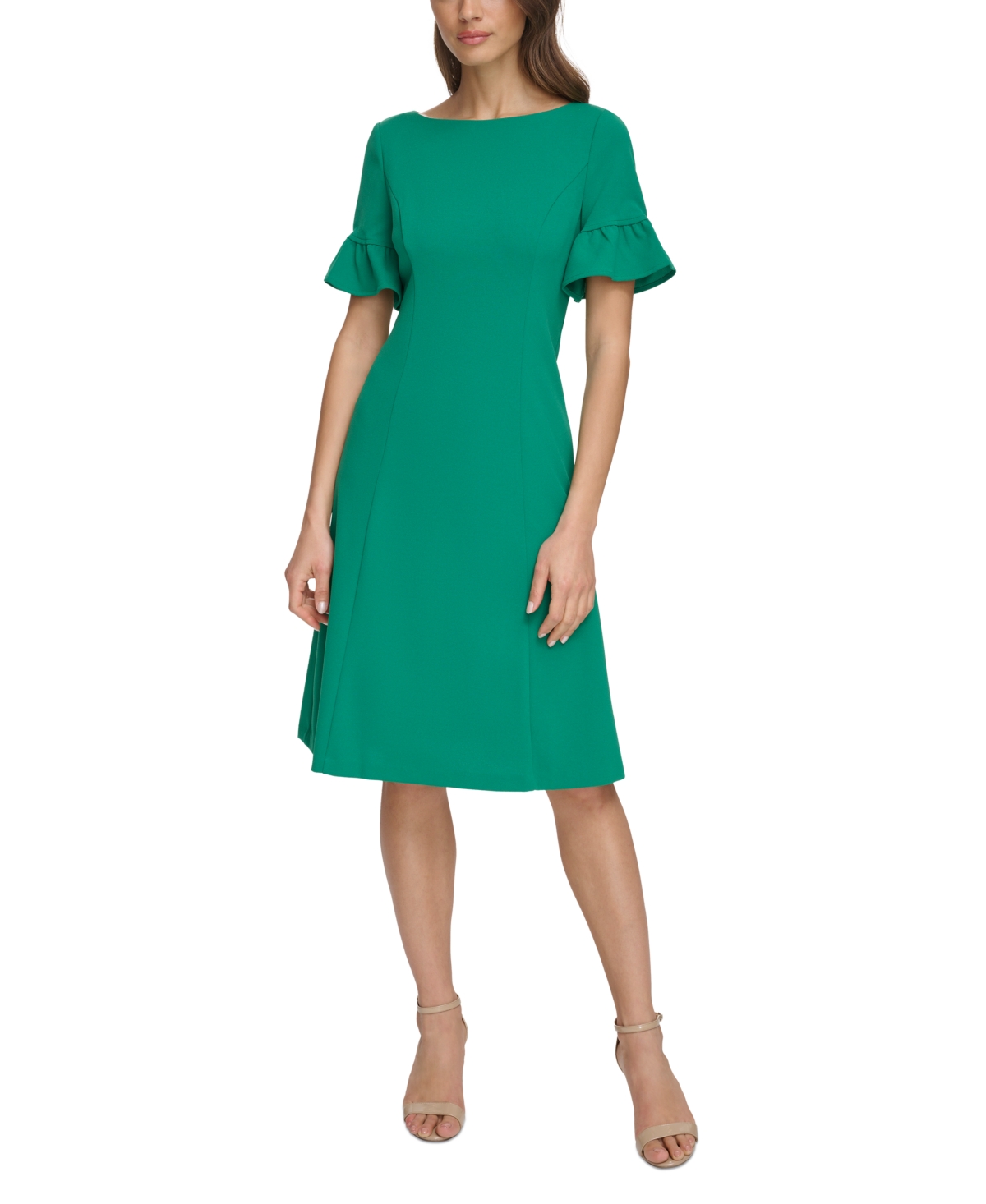 Women's Solid Flutter-Sleeve Fit & Flare Dress - Green