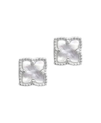 Silver Plated Flower White Imitation Mother of Pearl Stud Earrings