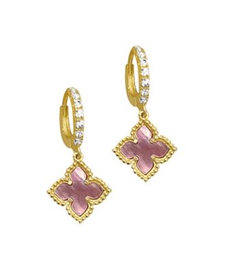 14K Gold Plated Floral Dangle Hoops Pink Imitation Mother of Pearl Earrings