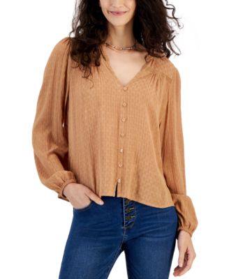 Hippie Rose - Juniors' V-Neck Button-Front Long-Sleeve Top