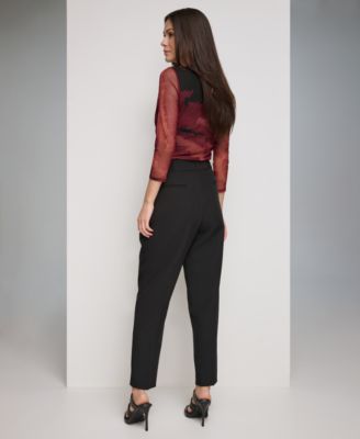 Dkny Womens 3 4 Sleeve Printed Mesh V Neck Top High Rise Pleated Roll Cuff Pants