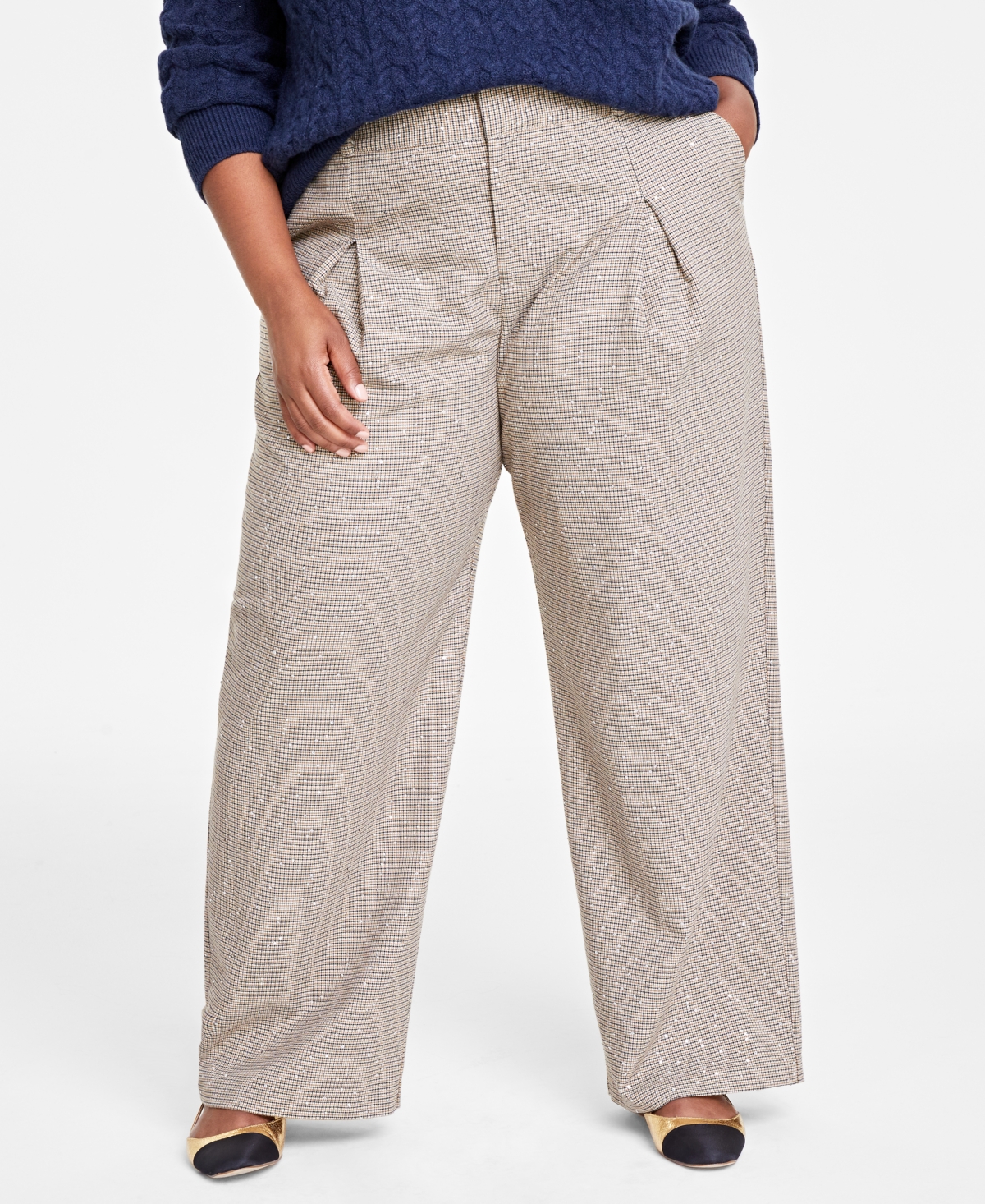 On 34th Plus Size Sequin Plaid Wide-leg Pants, Created For Macy's In Grey Plaid Combo