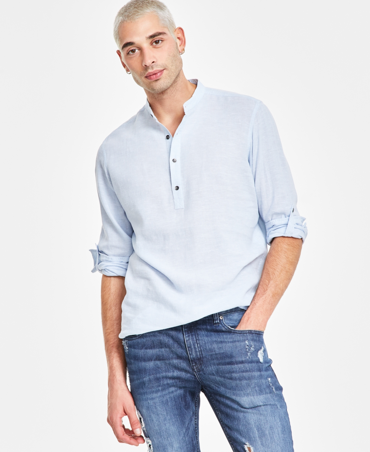 Men's Regular-Fit Linen Popover Shirt, Created for Macy's - Bright White