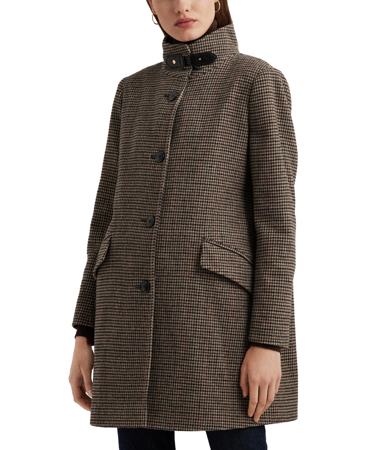 Lauren Ralph Lauren Women's Wool Blend Buckle-collar Coat In Merlot Houndstooth