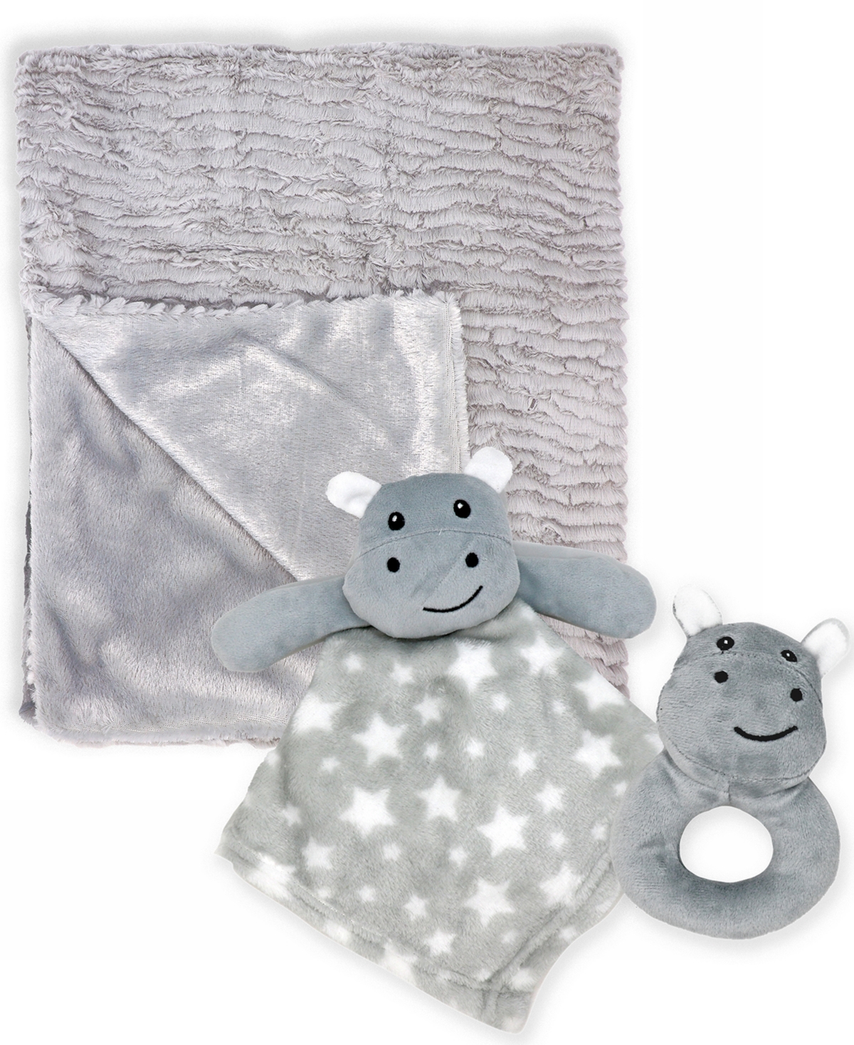 Baby Mode Jesse & Lulu Baby Boys Ridged Plush Blanket, 3 Piece Set In Gray Hippo