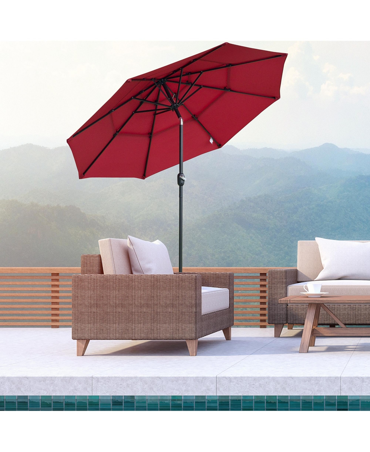 Outsunny 3-Tier Patio Umbrella, Outdoor Market Umbrella with Crank and Push Button Tilt for Deck, Backyard and Lawn,- Red