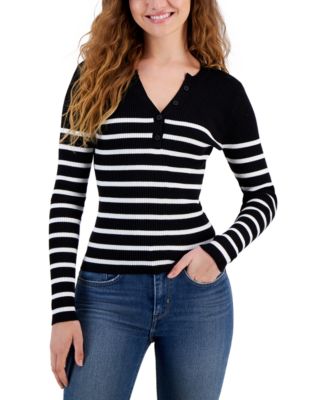 Crave Fame - Juniors' Striped Ribbed Henley Top