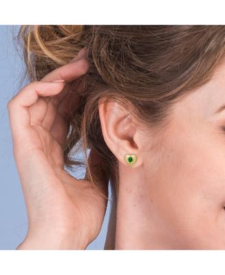 Sterling Silver 14k Yellow Gold Plated with Green Cubic Zirconia Sunray Heart Stud Earrings