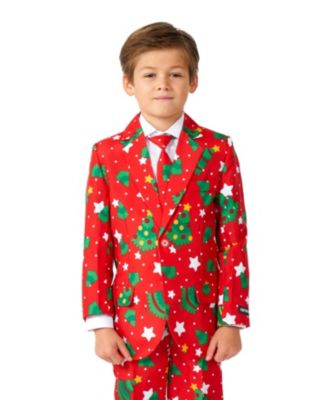 Little Boys Christmas Trees Stars Button Closure Suit Set Including Blazer, Pants and Clip-On-Tie