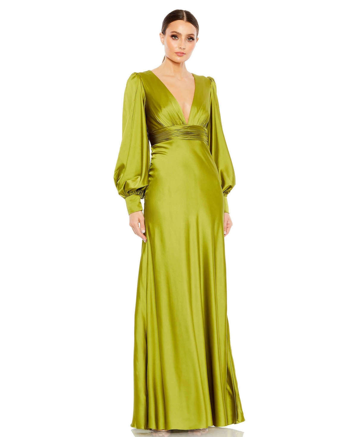 70s Dresses – Disco Dress, Hippie Dress, Caftan Dress Womens Ieena Charmeuse Bishop Sleeve V Neck Gown - Apple green $498.00 AT vintagedancer.com