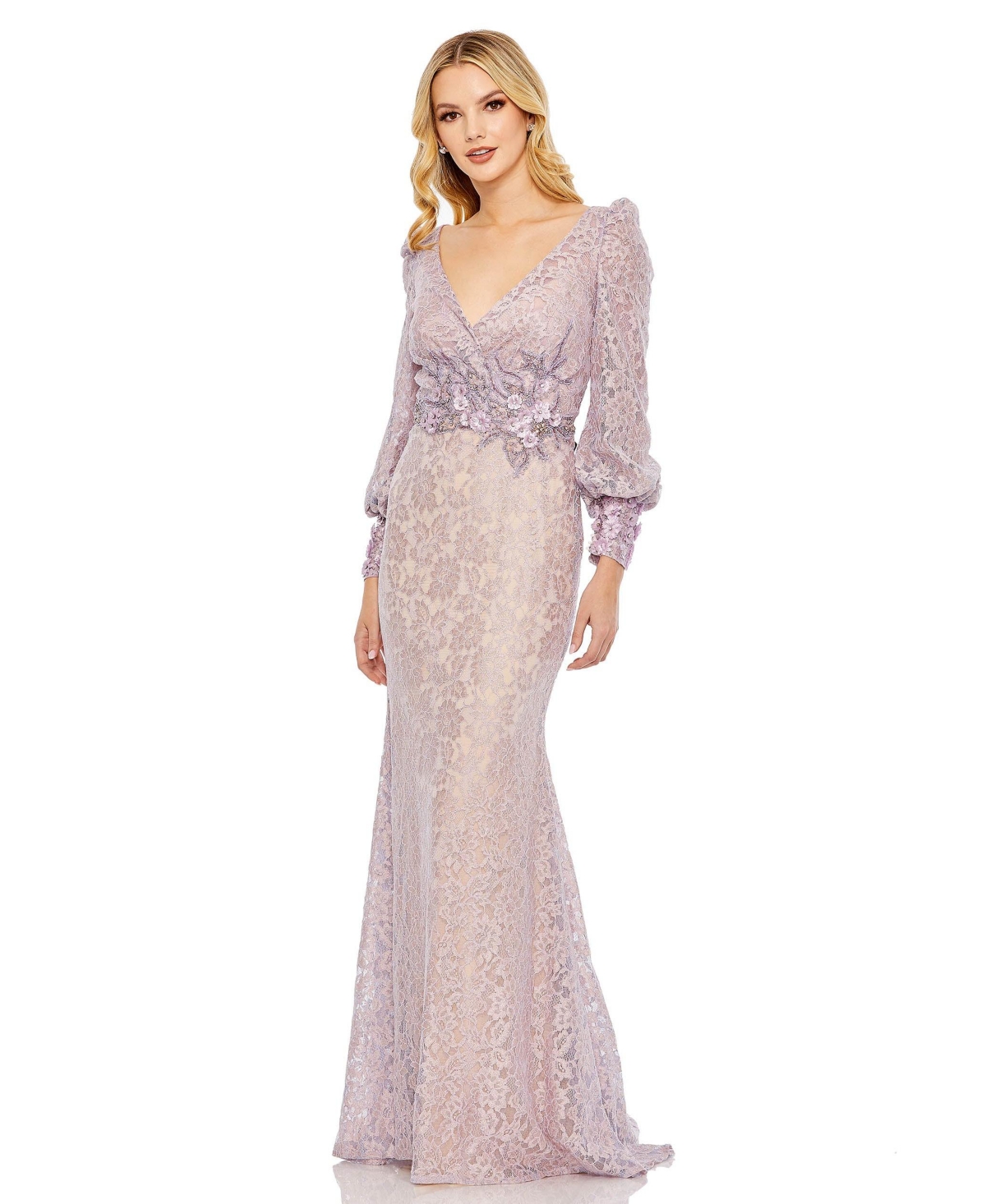 Women's Lace Long Sleeve V Neck Embellished Gown - Blush