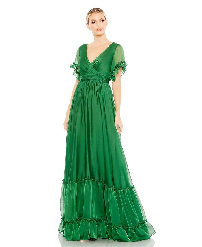 Mac Duggal Women's Butterfly Ruffle Trimmed Sleeve Wrap Over Flowy Gown ...