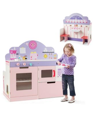 2 in 1 Kids Play Kitchen & Cafe Restaurant Wooden Pretend Cooking Playset Toy