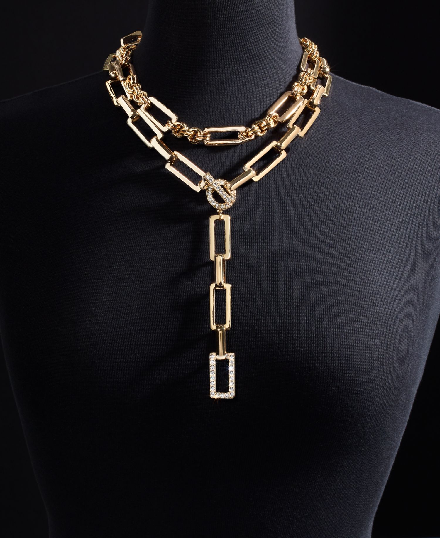 Silver-Tone Pav&eacute; Link Layered Lariat Necklace, 18" + 3" extender