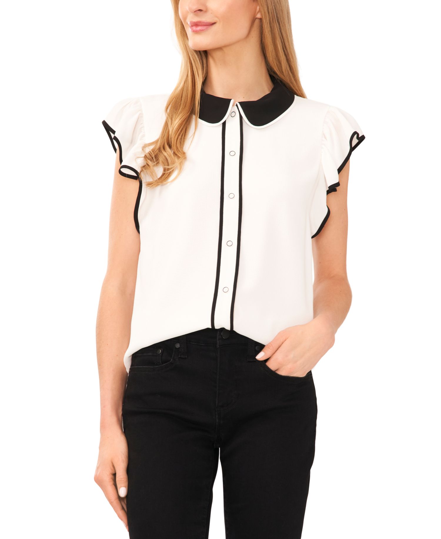 Women's Contrast Trimmed Flutter Sleeve Blouse