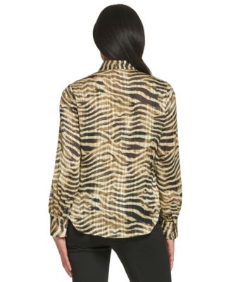 Petite Long-Sleeve Button Front Tie-Neck Top