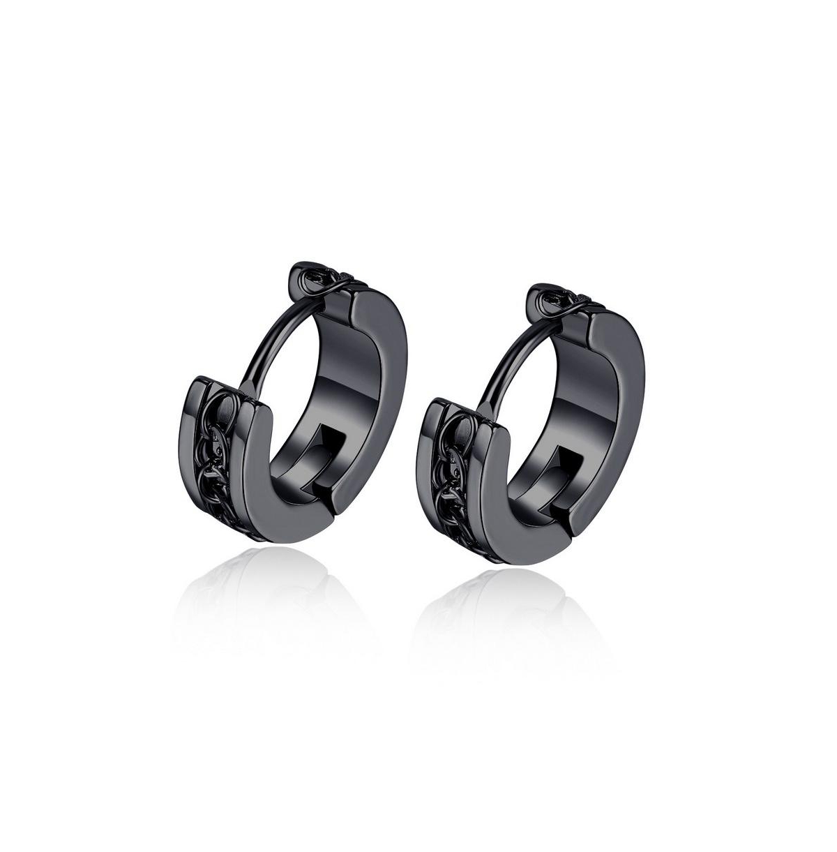 Stainless Steel Link Design Huggie Hoop Earrings - Black Plated - Black