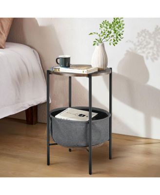Industrial Round End Side Table Sofa Coffee Table w/ Storage Basket&Metal Frame