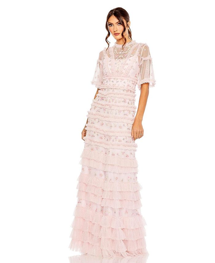Mac Duggal Women's High Neck Ruffle Tiered Floral Gown - Macy's