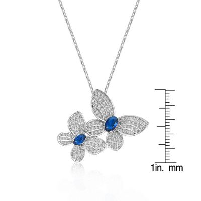 Sterling Silver White Gold Plated Blue Cubic Zirconia Double Fluttering Butterfly Pendant Necklace