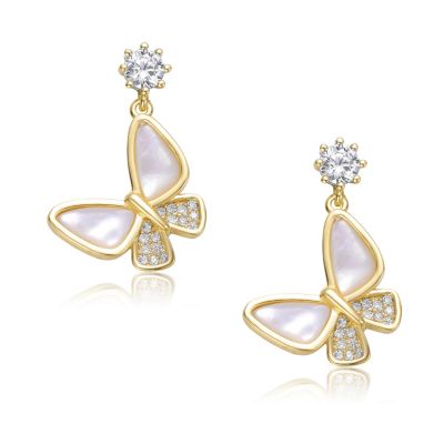 Sterling Silver 14K Gold Plated Cubic Zirconia Butterfly Drop Earrings