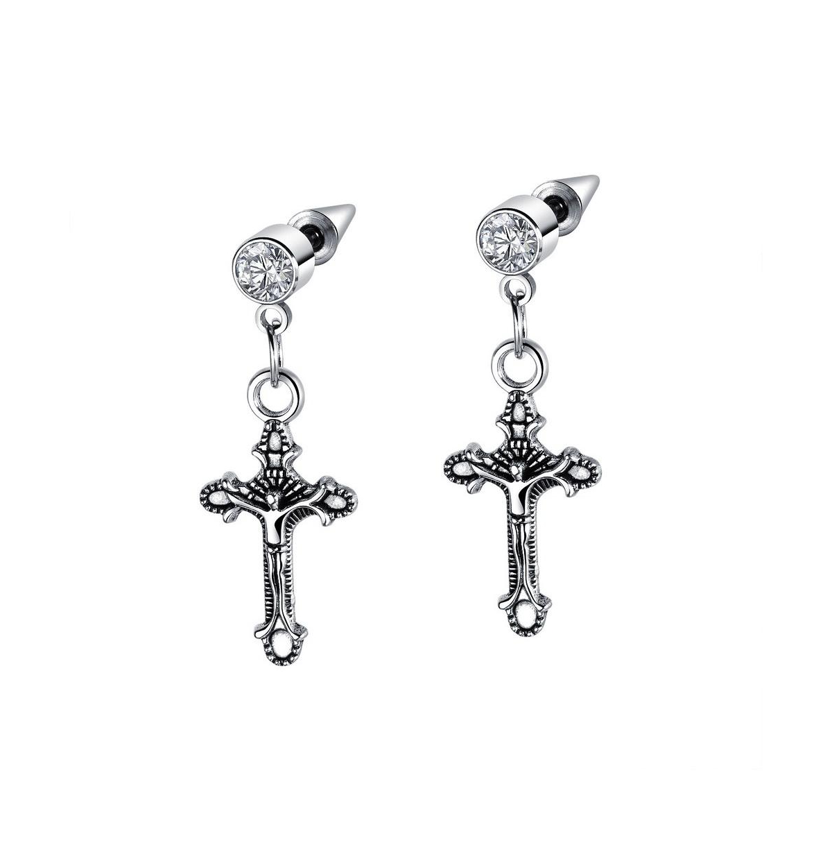 Stainless Steel Oxidized Cross Charm & Cz Huggie Hoop Earrings - Silver