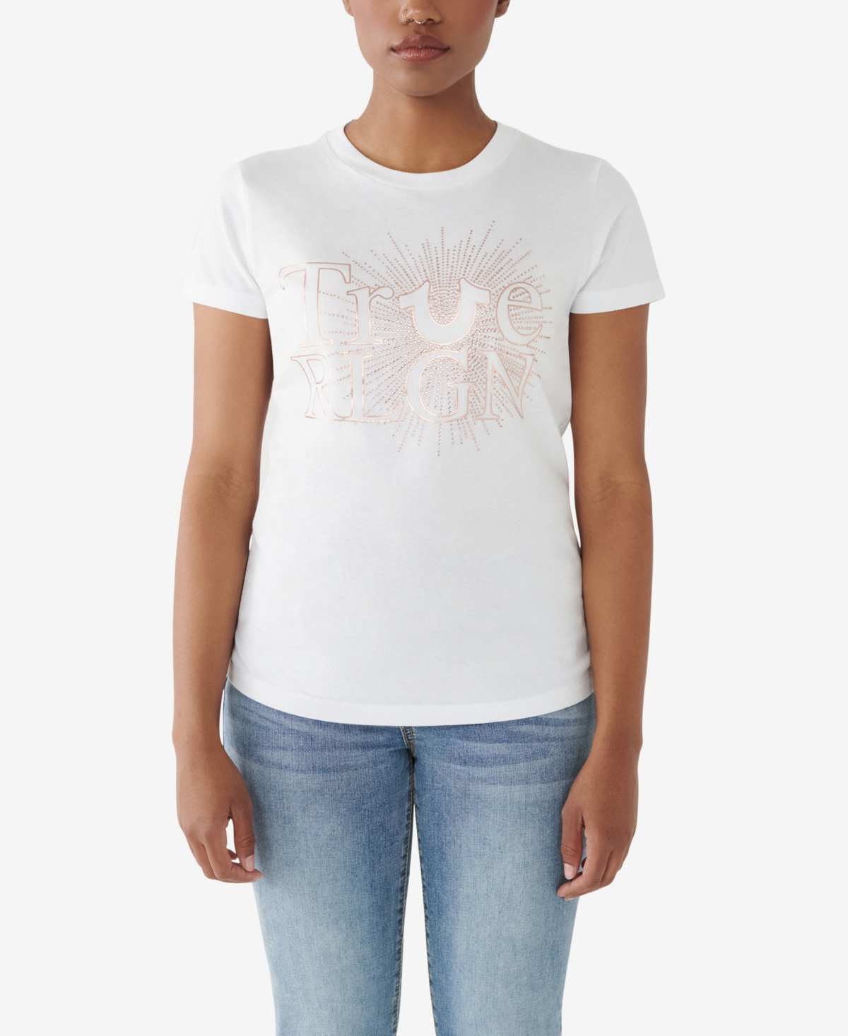 True Religion Women's Short Sleeve Crystal Slim Crew T- Shirt In Optic White