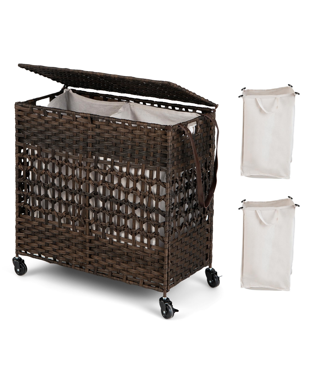 110L Laundry Hamper w/Wheels Clothes Basket w/Lid and Handle and 2 Liner Bags - Brown