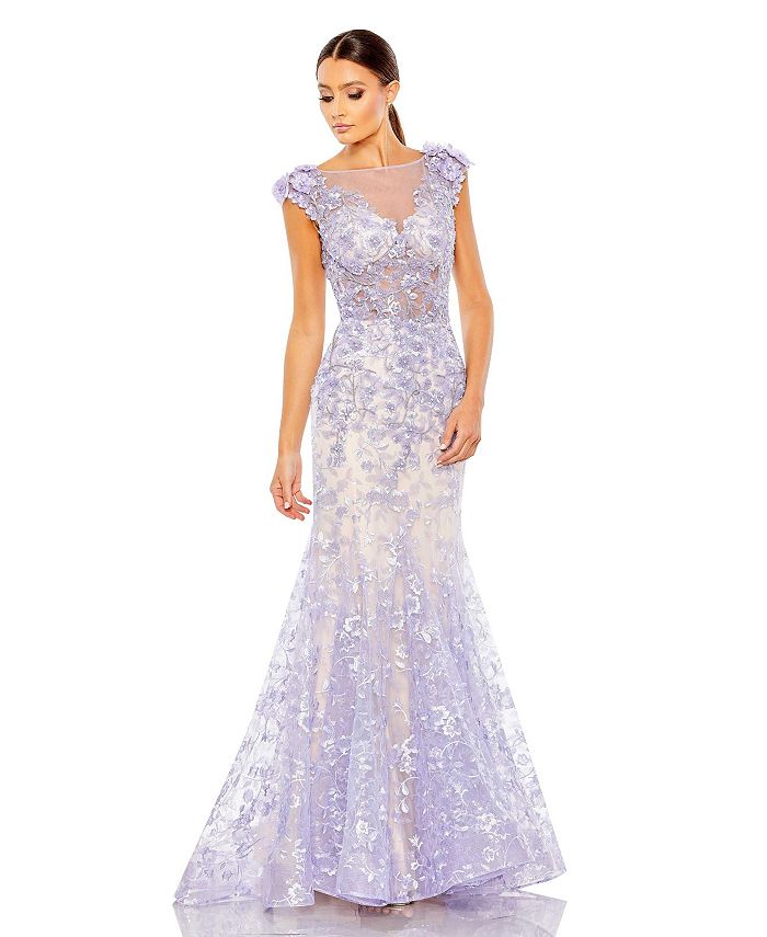 Mac Duggal Women's Embellished Cap Sleeve Illusion Neck Trumpet Gown ...