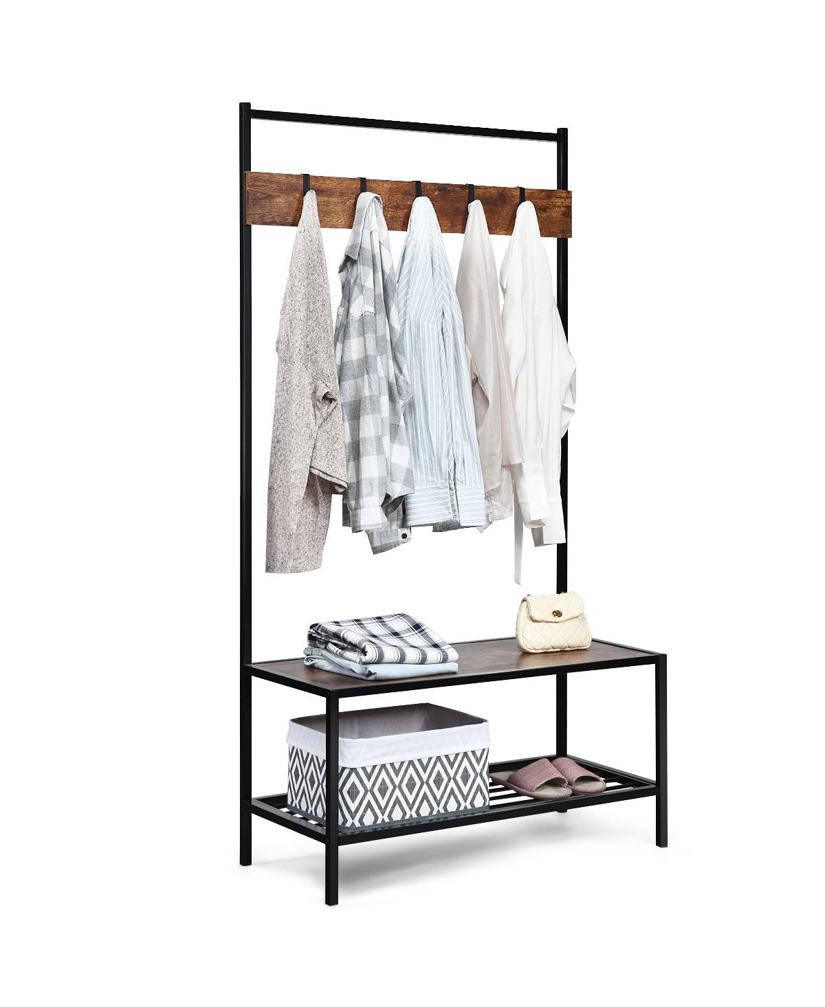 3 in 1 Industrial Coat Rack Shoe Bench Hall Tree Entryway Storage Shelf w/ Hooks - Brown