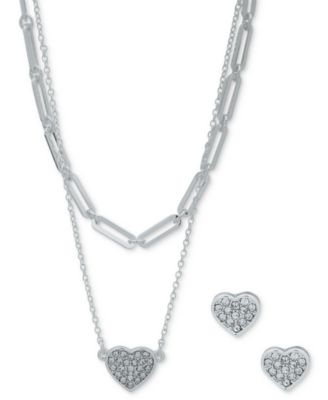 Anne Klein - Silver-Tone Crystal Heart Earrings & Two-Row Pendant Necklace Set, 16" + 3" extender