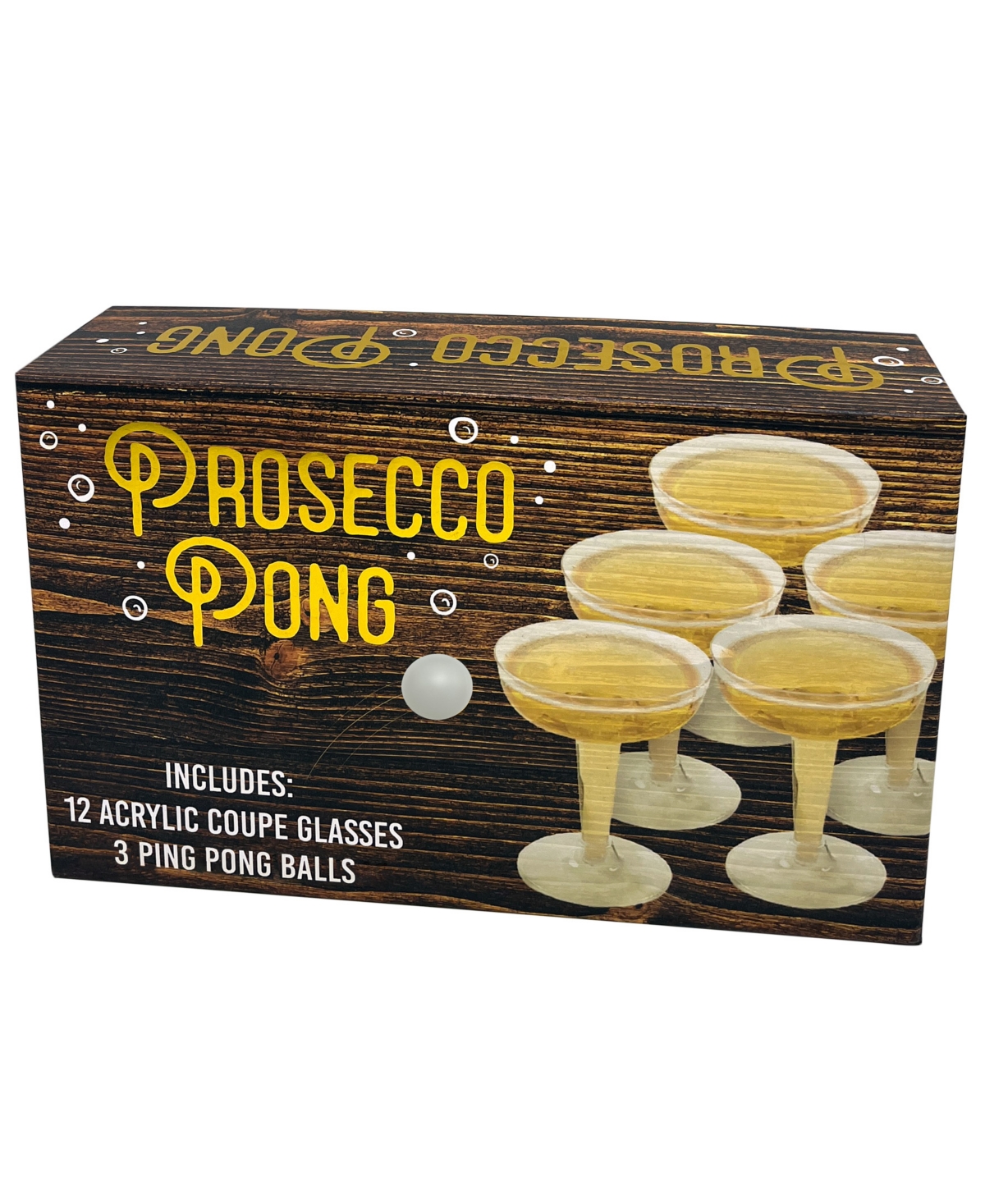 Tmd Holdings Wood Grain Prosecco Pong Boxed Game With 12 Acrylic Coupe Cups And 3 Ping Pong Balls 4.5 Oz, 133ml In Gold