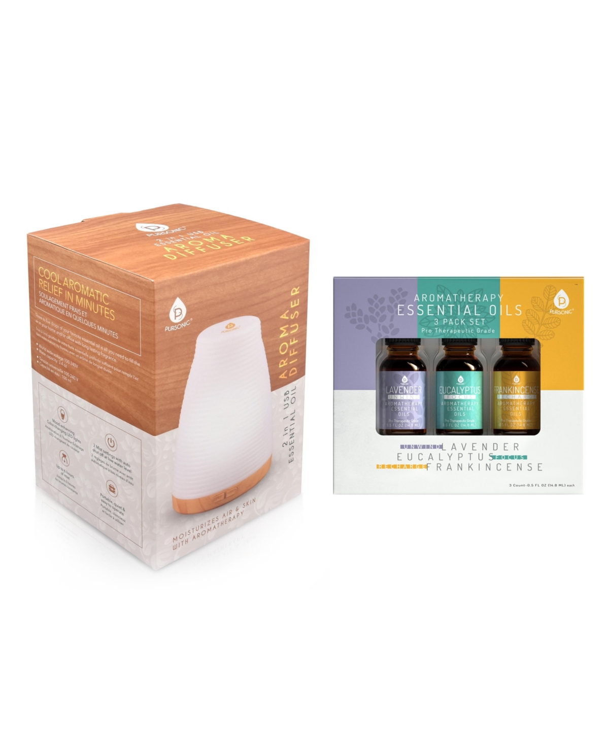 Aromatherapy Usb Diffuser & Essential Oil Set- Top 3 Oils with 2 Mist Settings Changing Ambient Light Settings - White  bamboo color