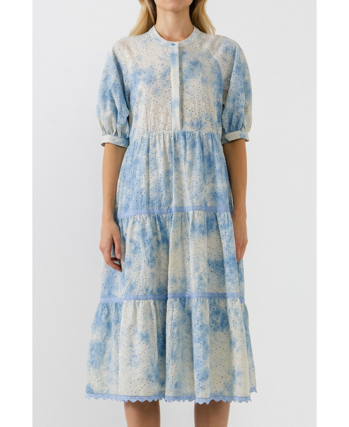 Women's Paisely Eyelet Midi Dress with Tie-dye Effect - Blue