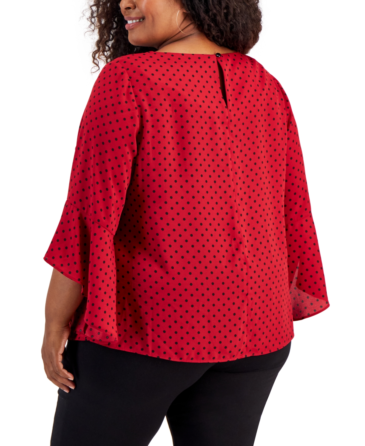 Kasper Plus Size Printed Ruffle-Sleeve Blouse -Black